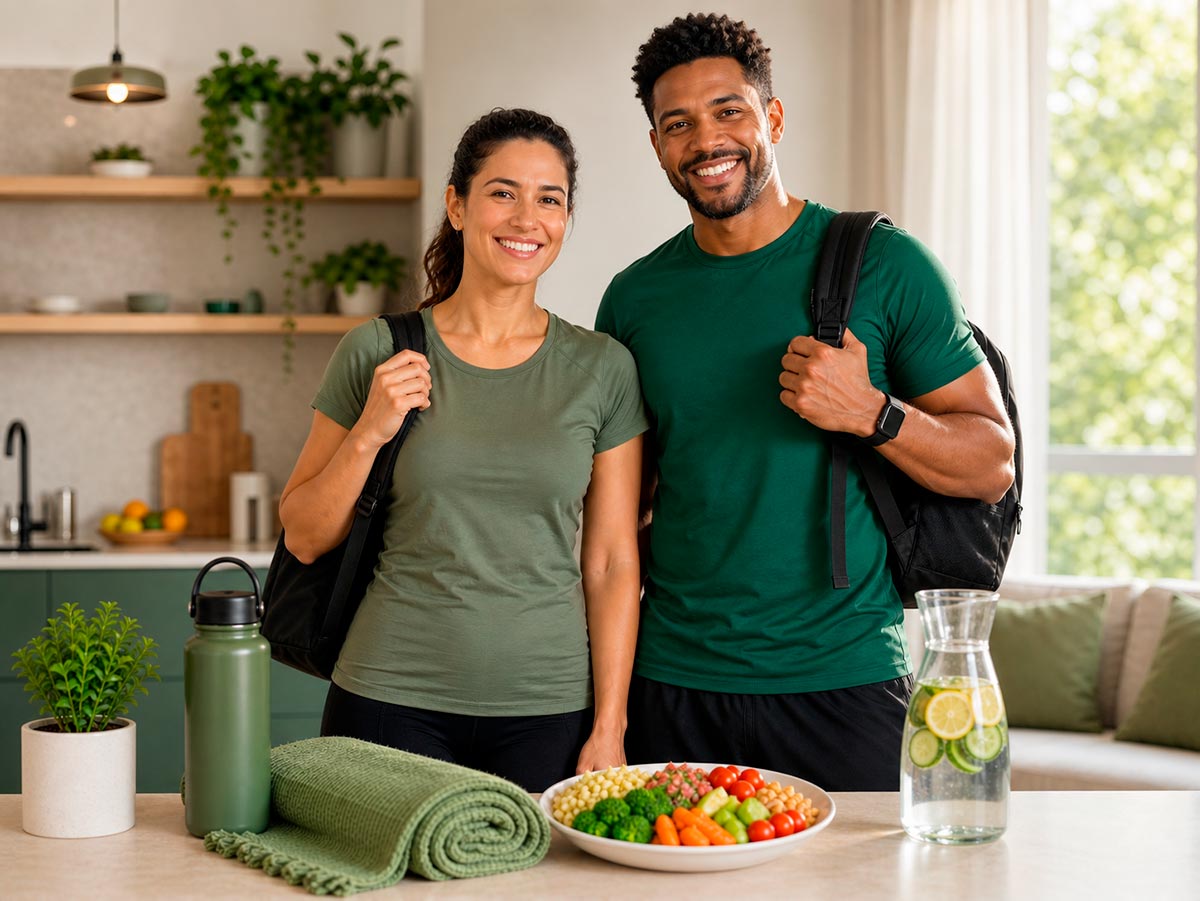 Casal diverso sorrindo em uma rotina saudável com alimentação e caminhada